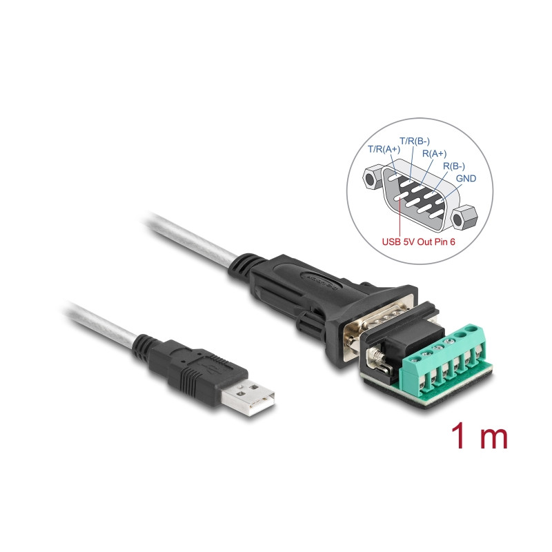 Delock Adapter USB 2.0 Typ-A zu 1 x Seriell RS-422/485 Stecker mit 6 Pin Terminalblock 5 V 1 m