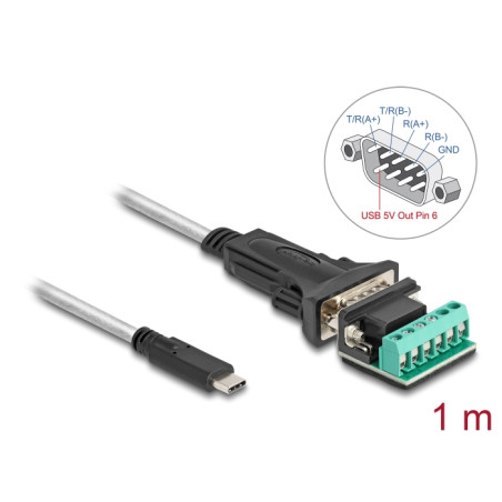Delock Adapter USB Type-C™ zu 1 x Seriell RS-422/485 Stecker mit 6 Pin Terminalblock 5 V 1 m