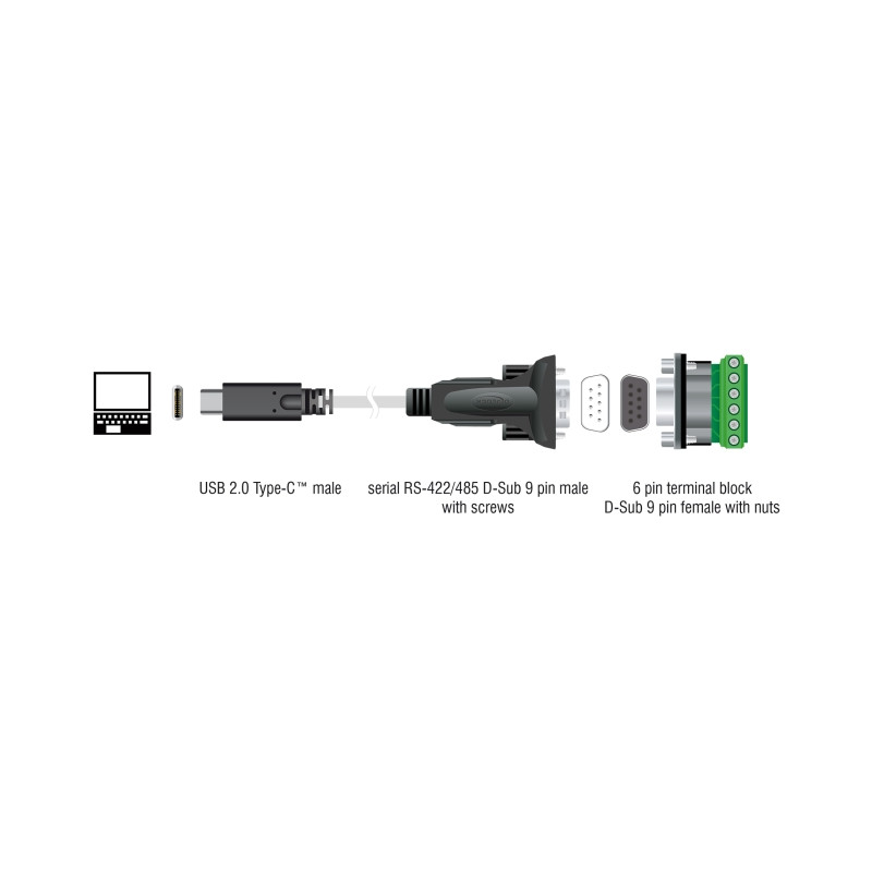 Delock Adapter USB Type-C™ zu 1 x Seriell RS-422/485 Stecker mit 6 Pin Terminalblock 5 V 1 m