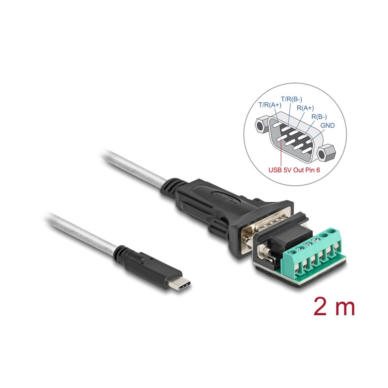 Delock Adapter USB 2.0 Type-C™ zu 1 x Seriell RS-422/485 Stecker mit 6 Pin Terminalblock 5 V 2 m