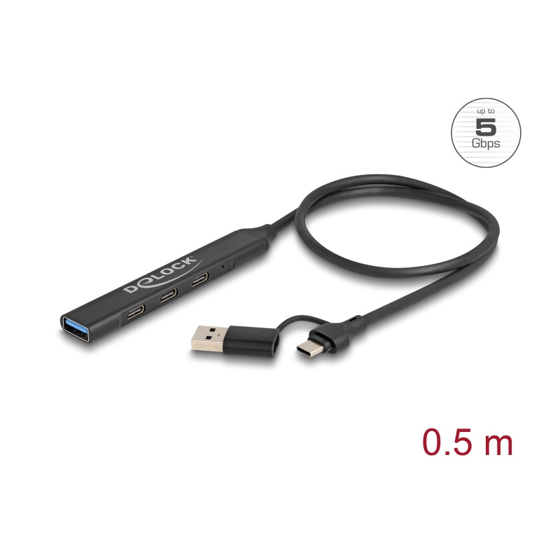 Delock 4 Port Slim USB Hub mit USB Type-C™ oder USB Typ-A zu 3 x USB 5 Gbps USB Type-C™ + 1 x USB 5 Gbps Typ-A
