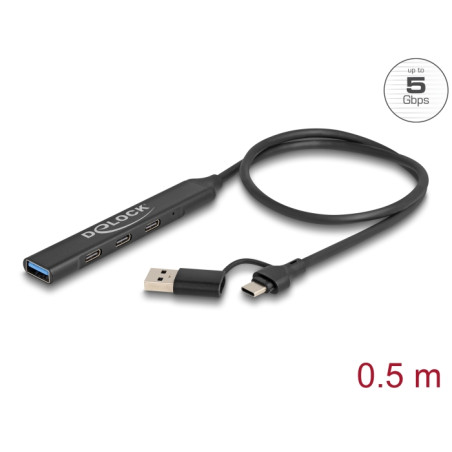 Delock 4 Port Slim USB Hub mit USB Type-C™ oder USB Typ-A zu 3 x USB 5 Gbps USB Type-C™ + 1 x USB 5 Gbps Typ-A