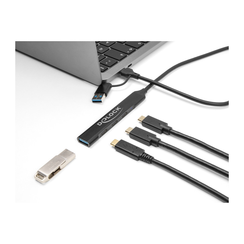 Delock 4 Port Slim USB Hub mit USB Type-C™ oder USB Typ-A zu 3 x USB 5 Gbps USB Type-C™ + 1 x USB 5 Gbps Typ-A