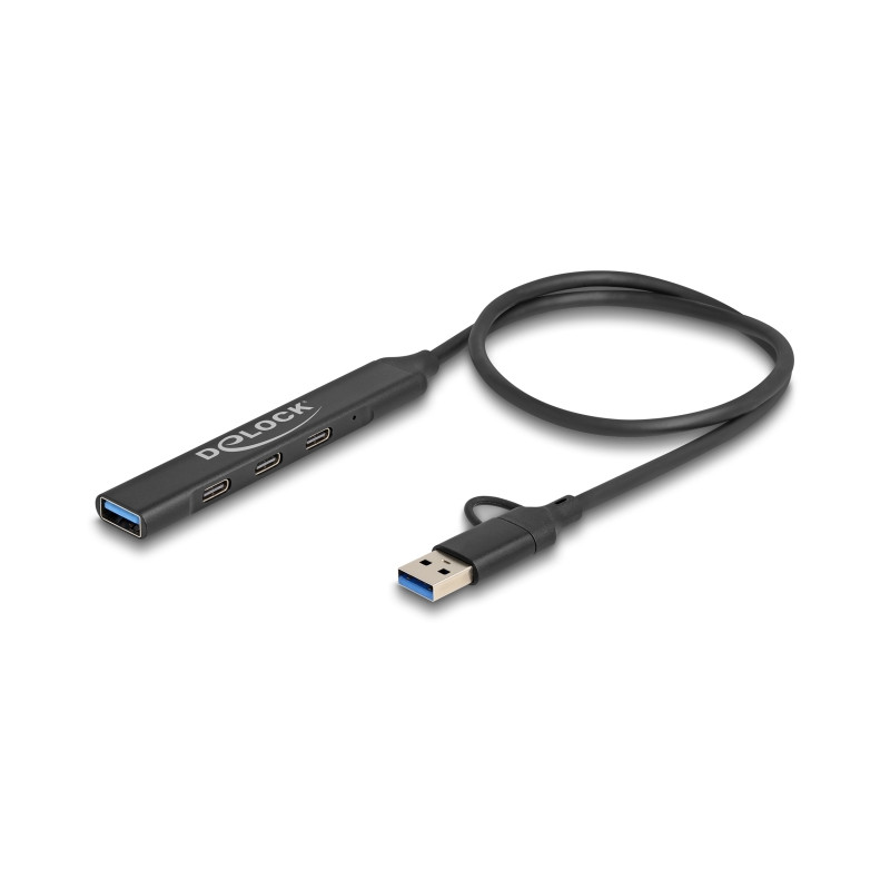 Delock 4 Port Slim USB Hub mit USB Type-C™ oder USB Typ-A zu 3 x USB 5 Gbps USB Type-C™ + 1 x USB 5 Gbps Typ-A