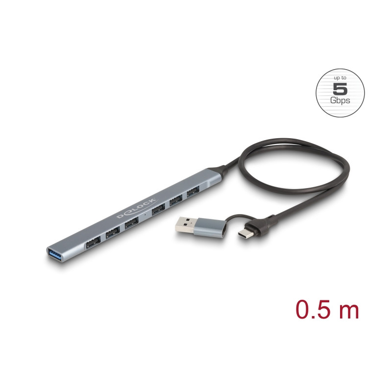 Delock 7 Port Slim USB Hub mit USB Type-C™ oder USB Typ-A zu 1 x USB 5 Gbps Typ-A + 6 x USB 2.0 Typ-A