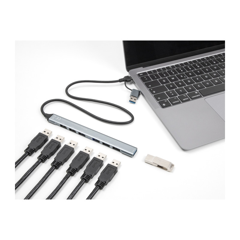 Delock 7 Port Slim USB Hub mit USB Type-C™ oder USB Typ-A zu 1 x USB 5 Gbps Typ-A + 6 x USB 2.0 Typ-A