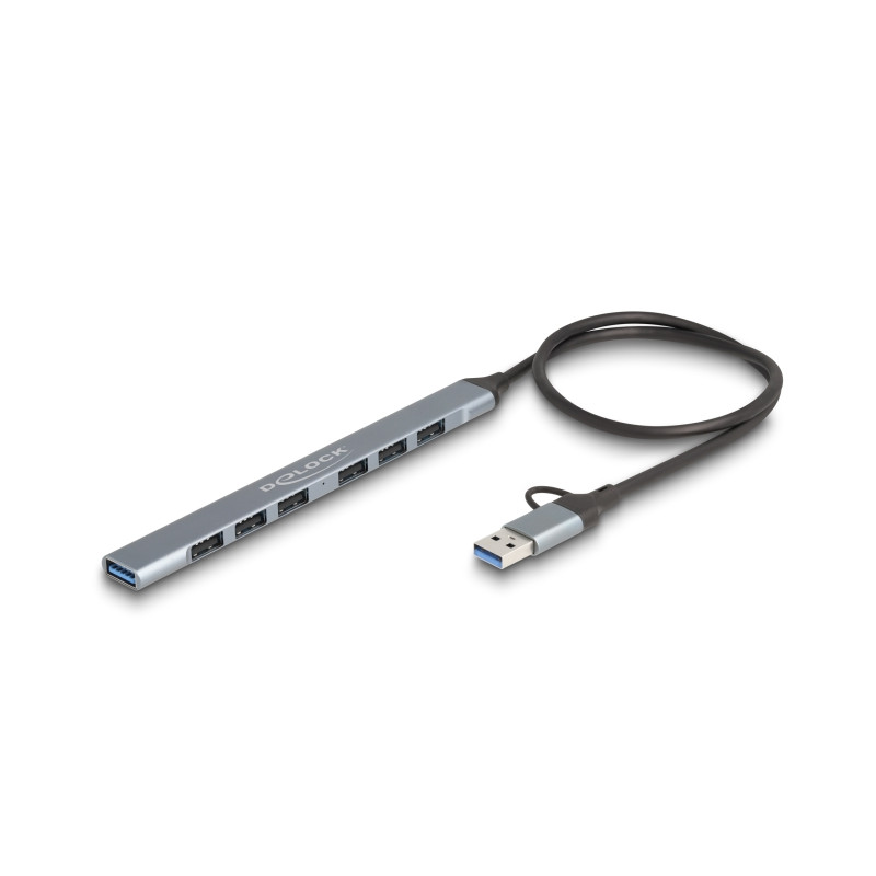 Delock 7 Port Slim USB Hub mit USB Type-C™ oder USB Typ-A zu 1 x USB 5 Gbps Typ-A + 6 x USB 2.0 Typ-A