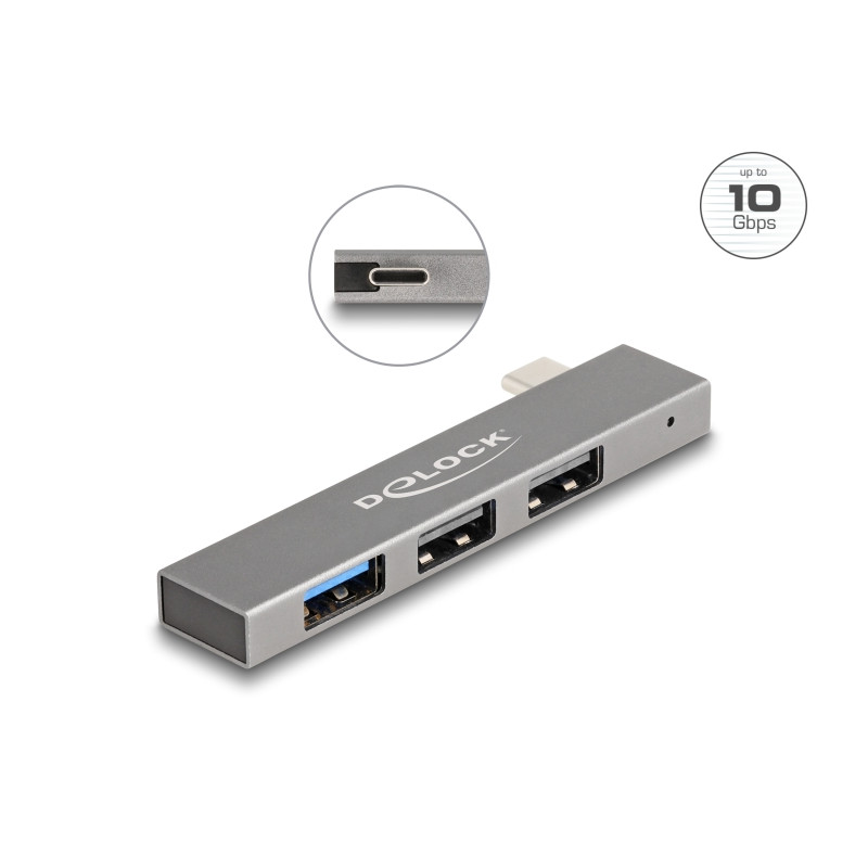 Delock 3 Port Slim USB Hub mit USB Type-C™ zu 1 x USB 10 Gbps USB Typ-A + 2 x USB 2.0 Typ-A