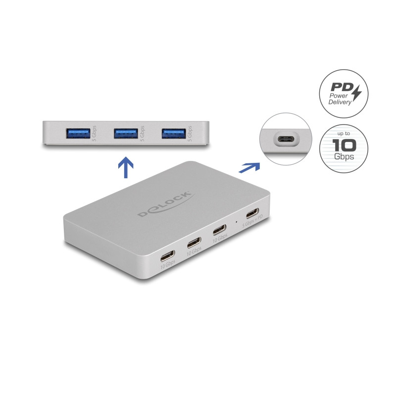 Delock 7 Port USB Hub mit 4 x USB Type-C™ Buchse und 3 x USB Typ-A Buchse mit PD 82 W