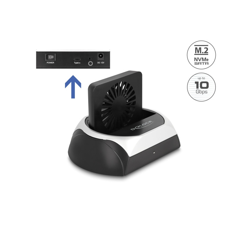 Delock USB 10 Gbps Dockingstation für 2.5″ / 3.5″ SATA HDD / SSD oder M.2 NVMe PCIe oder SATA SSD mit Lüfter