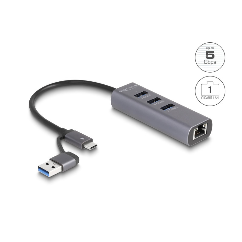 Delock 3 Port USB 5 Gbps Hub + Gigabit LAN mit USB Type-C™ oder USB Typ-A Anschluss im Metallgehäuse