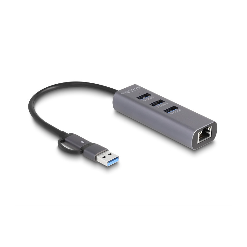 Delock 3 Port USB 5 Gbps Hub + Gigabit LAN mit USB Type-C™ oder USB Typ-A Anschluss im Metallgehäuse