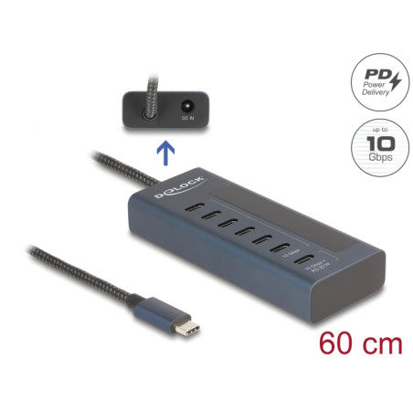 Delock USB 10 Gbps Hub mit 7 USB Type-C™ Ports davon 6 x Datenport + 1 x Daten und PD 20 Watt mit Leistungsanzeige