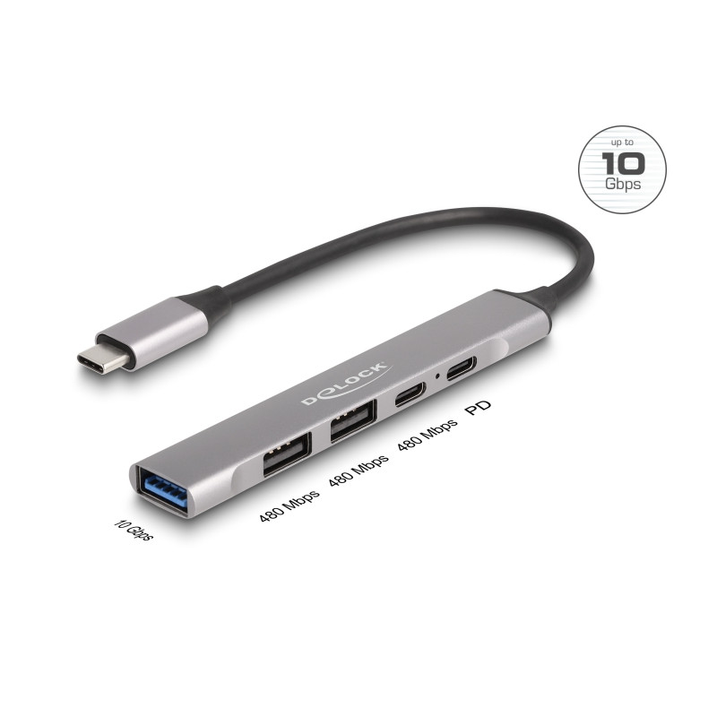 Delock 4 Port Slim USB Type-C™ Hub mit 1 x USB 10 Gbps Typ-A + 2 x USB 2.0 Typ-A + 1 x USB 2.0 USB Type-C™ und PD 95 W