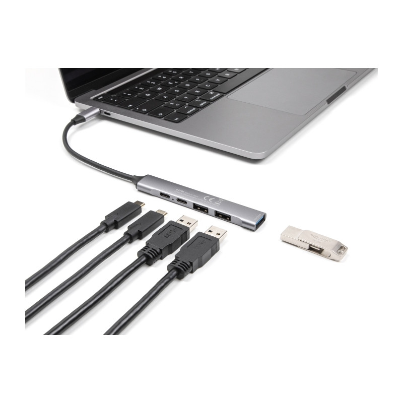 Delock 4 Port Slim USB Type-C™ Hub mit 1 x USB 10 Gbps Typ-A + 2 x USB 2.0 Typ-A + 1 x USB 2.0 USB Type-C™ und PD 95 W