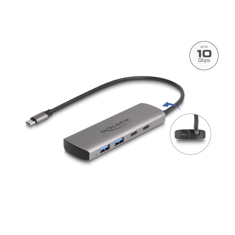 Delock USB 10 Gbps 2 Port USB Typ-A + 2 Port USB Type-C™ Hub mit USB Type-C™ Anschluss und zusätzlicher Strombuchse