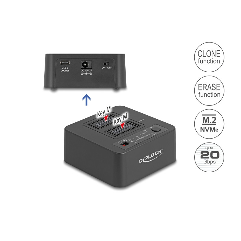 Delock USB 20 Gbps M.2 Dockingstation für 2 x M.2 NVMe PCIe SSD mit Klon- und Löschfunktion