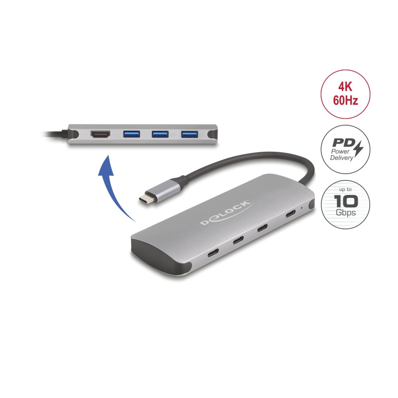 Delock 7 Port USB 10 Gbps Hub und 4K HDMI Ausgang mit USB Type-C™ Anschluss und PD 3.0 90 Watt