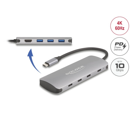 Delock 7 Port USB 10 Gbps Hub und 4K HDMI Ausgang mit USB Type-C™ Anschluss und PD 3.0 90 Watt