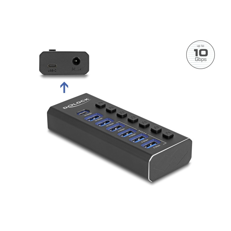 Delock 7 Port USB Hub mit 3 Ports 10 Gbps und 4 Schnellladeports 5 Gbps mit Schalter und Beleuchtung