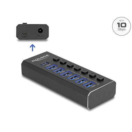 Delock 7 Port USB Hub mit 3 Ports 10 Gbps und 4 Schnellladeports 5 Gbps mit Schalter und Beleuchtung