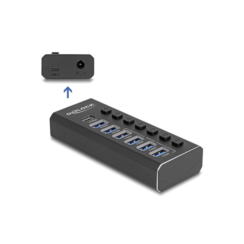 Delock 7 Port USB Hub mit 3 Ports 10 Gbps und 4 Schnellladeports 5 Gbps mit Schalter und Beleuchtung