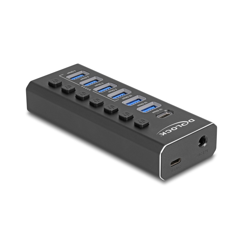 Delock 7 Port USB Hub mit 3 Ports 10 Gbps und 4 Schnellladeports 5 Gbps mit Schalter und Beleuchtung