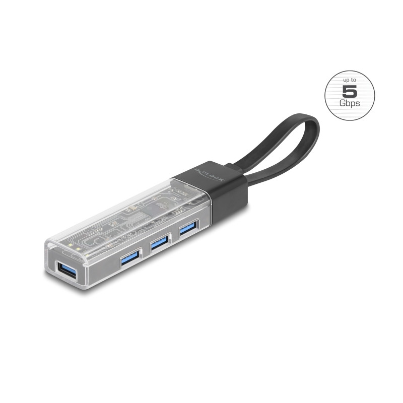 Delock 4 Port USB Hub 5 Gbps mit USB Typ-A oder USB Type-C™ Anschluss in transparentem Gehäuse