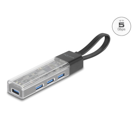 Delock 4 Port USB Hub 5 Gbps mit USB Typ-A oder USB Type-C™ Anschluss in transparentem Gehäuse