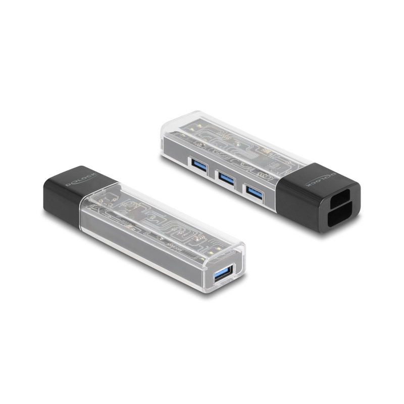 Delock 4 Port USB Hub 5 Gbps mit USB Typ-A oder USB Type-C™ Anschluss in transparentem Gehäuse