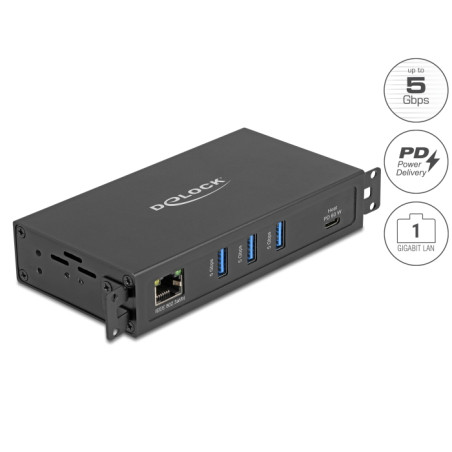 Delock 3 Port USB 5 Gbps Hub + RJ45 Gigabit LAN PoE++ Port mit USB Type-C™ Host-Anschluss im Metallgehäuse und 1,5 kV Isolation
