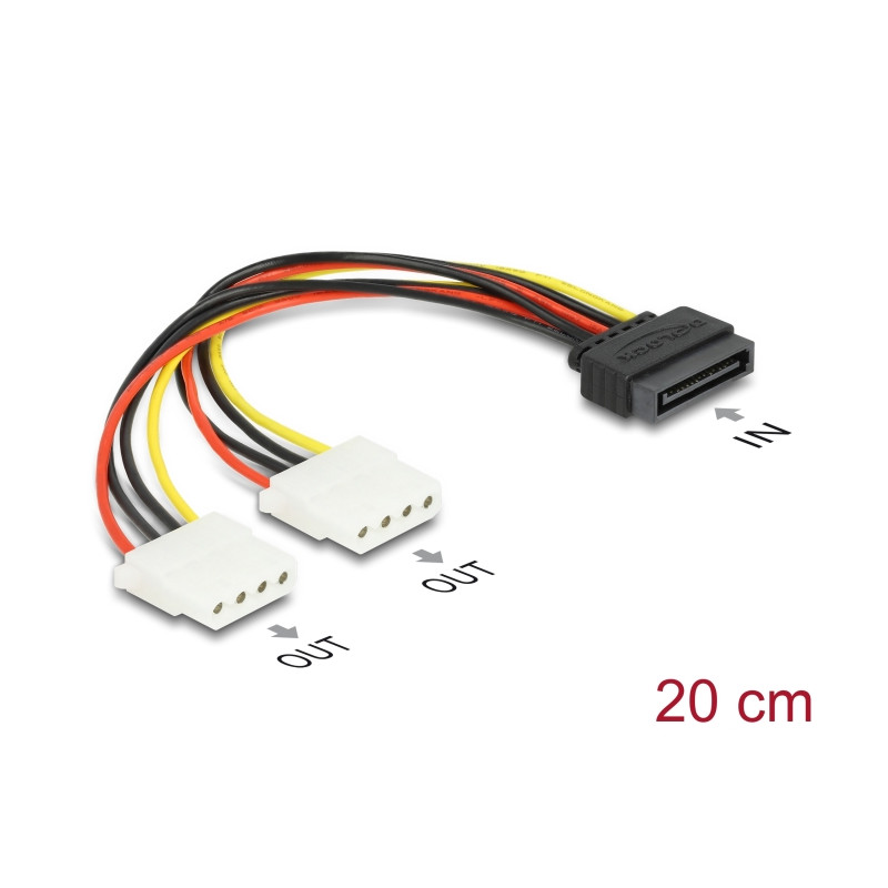 Delock Kabel Power SATA 15 Pin zu 2 x 4 Pin Molex Buchse 20 cm