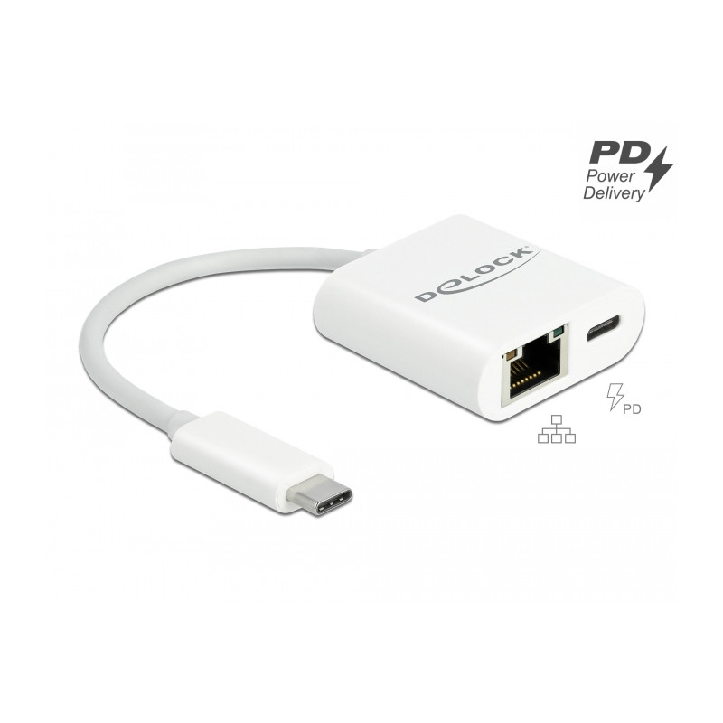 Delock USB Type-C™ Adapter zu Gigabit LAN 10/100/1000 Mbps mit Power Delivery Anschluss weiß