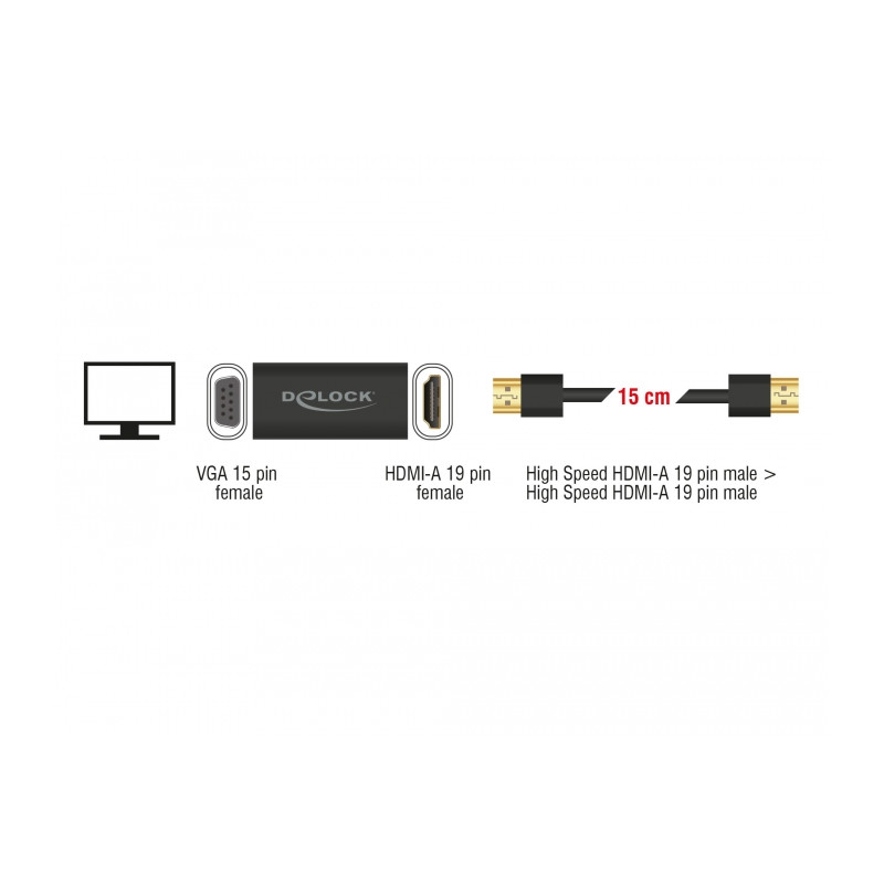 Delock Adapter HDMI-A Stecker - VGA Buchse Metallgehäuse mit 15 cm Kabel