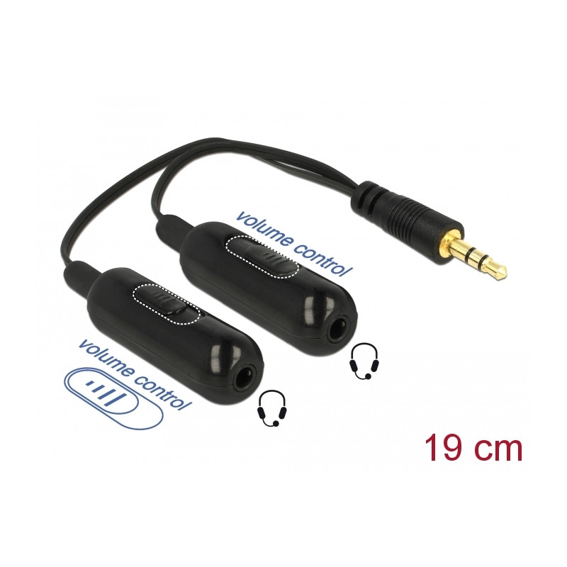 Delock Adapterkabel Audio Splitter Klinkenstecker 3,5 mm 3 Pin - 2 x Klinkenbuchse 3,5 mm 3 Pin + Lautstärkeregler 19 cm