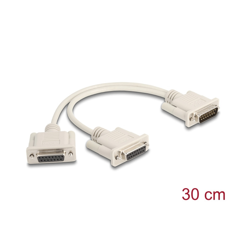 Delock Adapter Y-Kabel Splitter D-Sub 15 Pin Stecker zu 2 x D-Sub 15 Pin Buchse mit Schrauben 30 cm