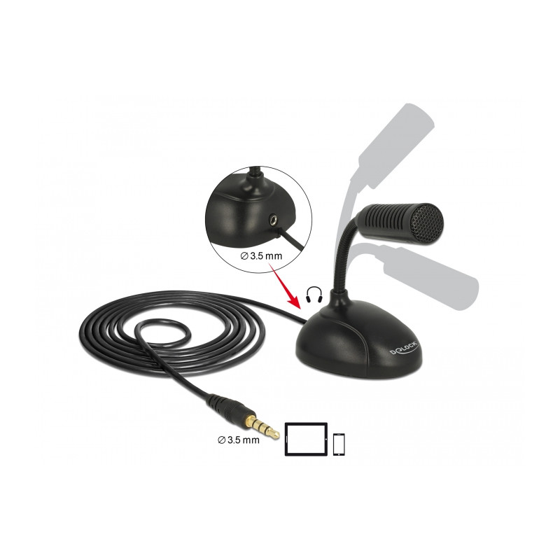 Delock Kondensator Mikrofon Omnidirektional für Smartphone / Tablet mit Schwanenhals 3,5 mm 4 Pin Klinkenstecker + 3,5 mm Klinke