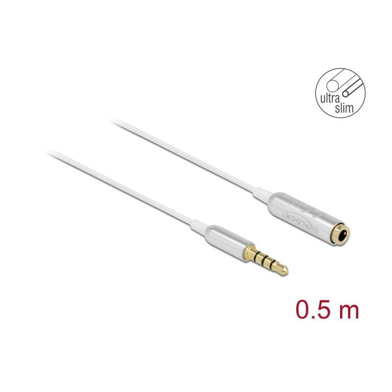 Delock Audio Verlängerungskabel Klinke 3,5 mm 4 Pin Stecker zu Buchse Ultra Slim 0,5 m weiß