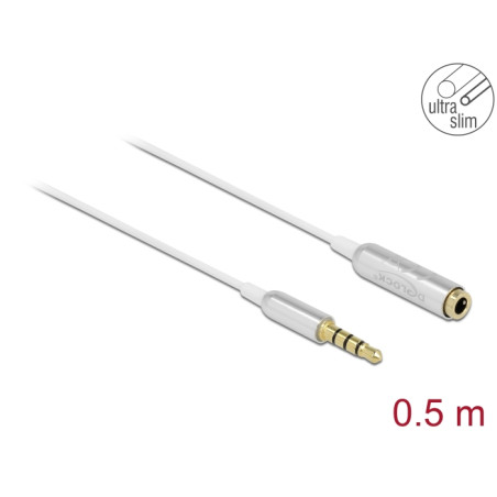 Delock Audio Verlängerungskabel Klinke 3,5 mm 4 Pin Stecker zu Buchse Ultra Slim 0,5 m weiß