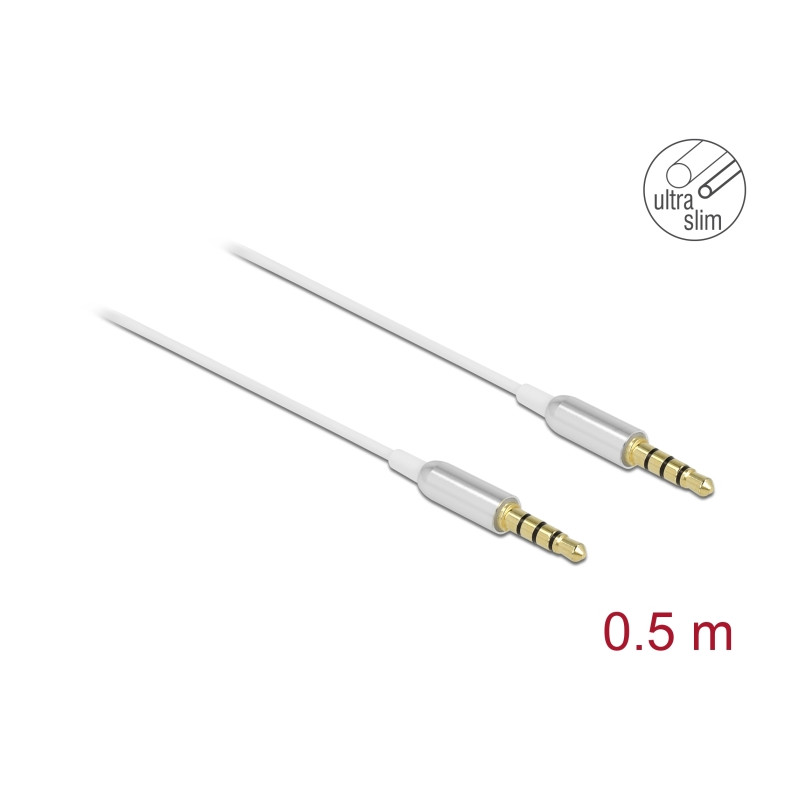 Delock Klinkenkabel 3,5 mm 4 Pin Stecker zu Stecker Ultra Slim 0,5 m weiß