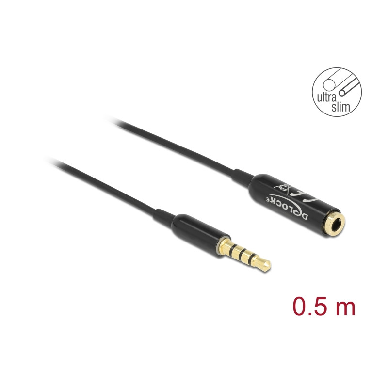Delock Audio Verlängerungskabel Klinke 3,5 mm 4 Pin Stecker zu Buchse Ultra Slim 0,5 m schwarz