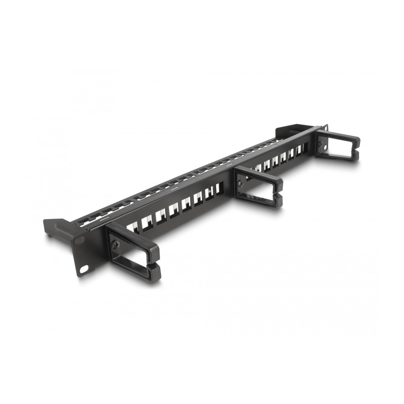 Delock 19″ Keystone Patchpanel 16 Port mit 3 Bügeln und Entlastungsschiene 1 HE schwarz