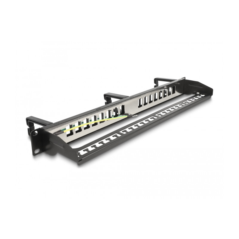 Delock 19″ Keystone Patchpanel 16 Port mit 3 Bügeln und Entlastungsschiene 1 HE schwarz
