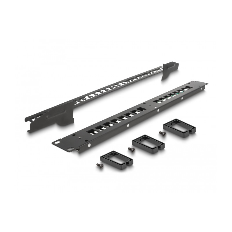 Delock 19″ Keystone Patchpanel 16 Port mit 3 Bügeln und Entlastungsschiene 1 HE schwarz