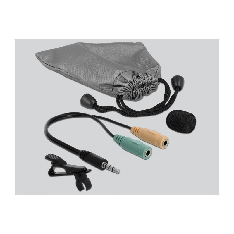Delock Krawatten Lavalier Mikrofon Omnidirektional mit Clip 3,5 mm Klinkenstecker 3 Pin + Adapterkabel für Smartphone und Tablet