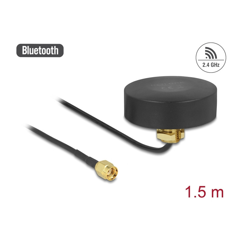 Delock WLAN 802.11 b/g/n Antenne RP-SMA Stecker 2 dBi starr omnidirektional mit Anschlusskabel RG-174 1,5 m outdoor schwarz