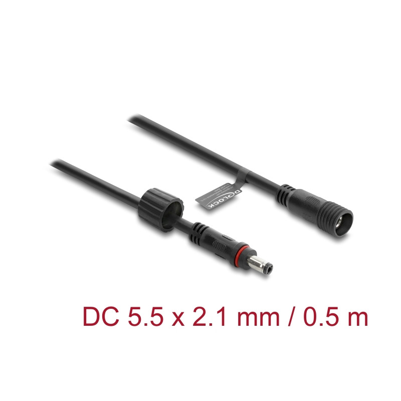 Delock DC Verlängerungskabel 5,5 x 2,1 mm Stecker zu Buchse mit Schraubverschluss M12 x 1,75 mm Gewinde wasserfest 18 AWG, 0,5 m