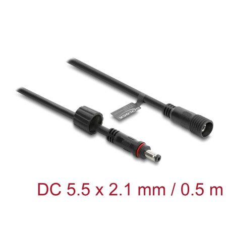 Delock DC Verlängerungskabel 5,5 x 2,1 mm Stecker zu Buchse mit Schraubverschluss M12 x 1,75 mm Gewinde wasserfest 18 AWG, 0,5 m